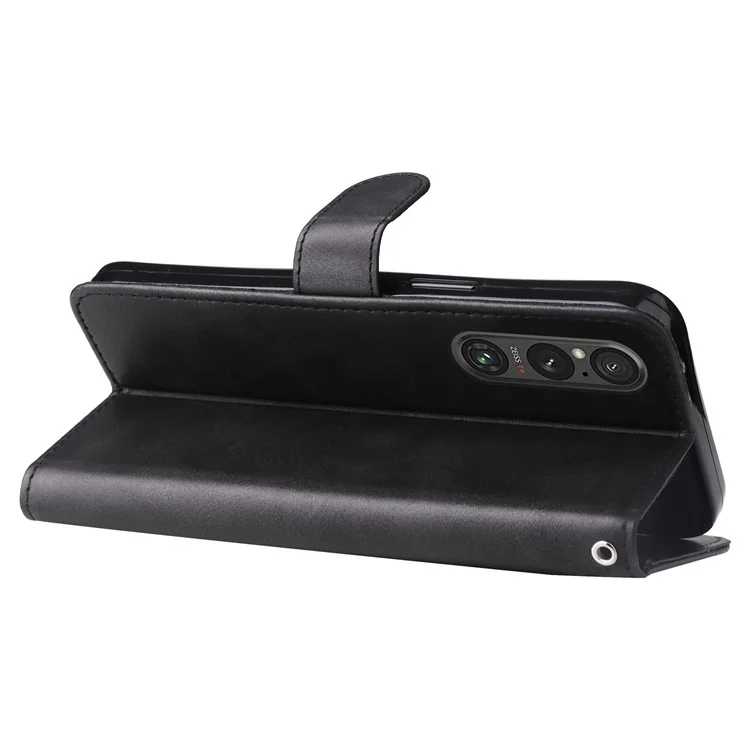 For Sony Xperia 1 V Case Leather Folio Wallet Phone Cover with Zipper Pocket - Black
