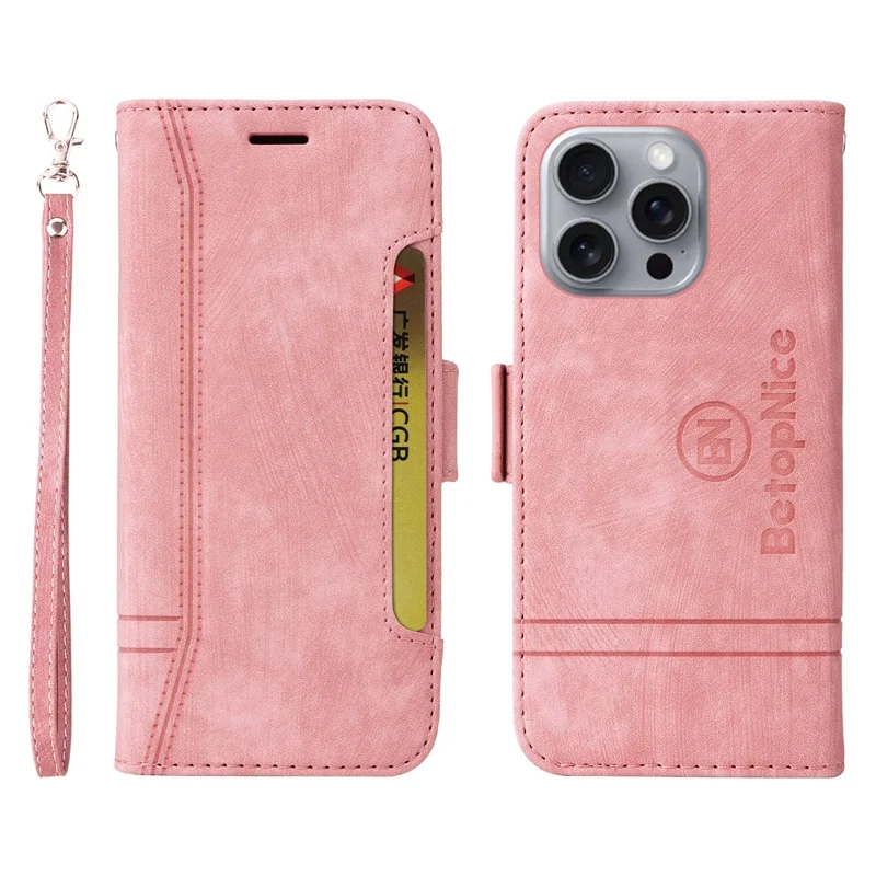 BETOPNICE 001 para iPhone 16 Pro Max Case Wallet Leather Phone Cover com Alça - Rosa