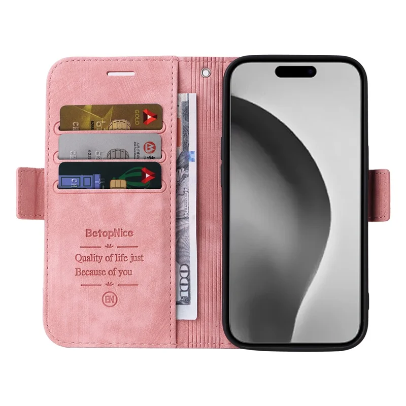 BETOPNICE 001 para iPhone 16 Pro Max Case Wallet Leather Phone Cover com Alça - Rosa