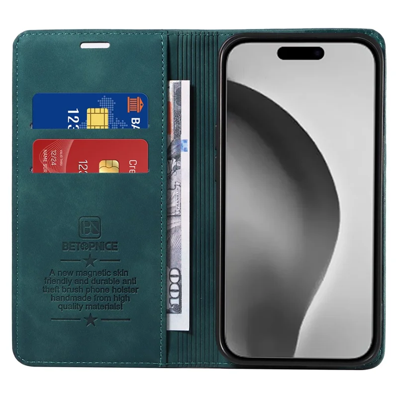 BETOPNICE 003 For iPhone 16 Pro Max Case Wallet Leather Phone Cover Magnetic Closing - Green