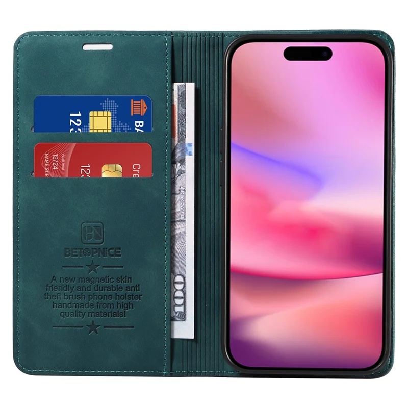 BETOPNICE 003 Fodral för iPhone 16 i läder med plånbok och ställfunktion Skyddande mobilhölse - Grön