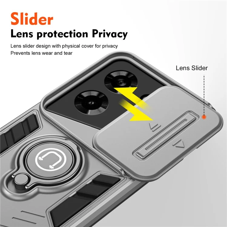Para TECNO Pova 5 4G Capa Protetora da Câmera com Suporte Integrado Capa de Telefone PC+TPU - Cinza
