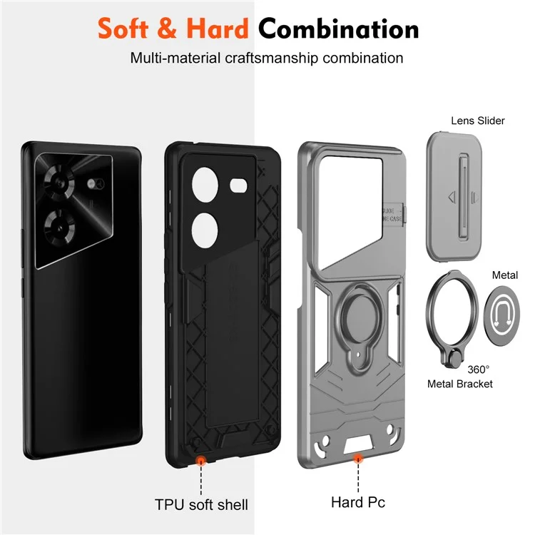 Para TECNO Pova 5 4G Capa Protetora da Câmera com Suporte Integrado Capa de Telefone PC+TPU - Cinza