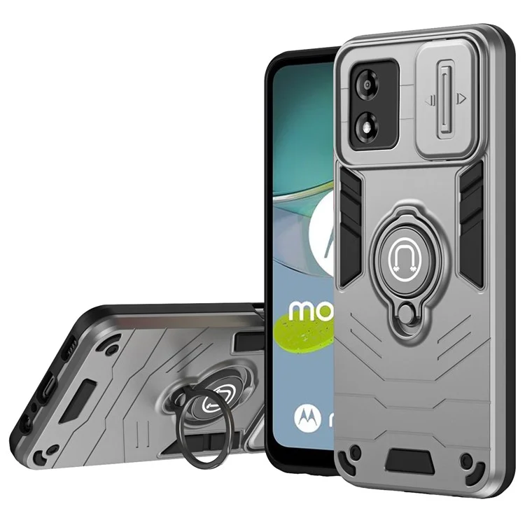 Для Motorola Moto E13 4G Чехол Подставка Чехол из поликарбоната + термопластичный полиуретан с крышкой объектива - серый