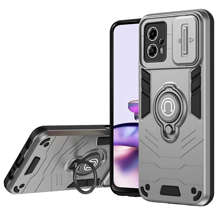 Для Motorola Moto G13 4G Чехол PC+TPU с кольцом-подставкой и защитной крышкой для линзы - Серый