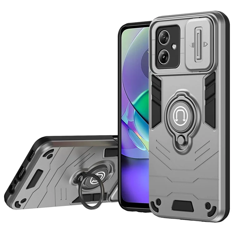 Per Motorola Moto G54 5G Case PC+TPU Kickstand Phone Cover Slide Lens Shield - Grigio