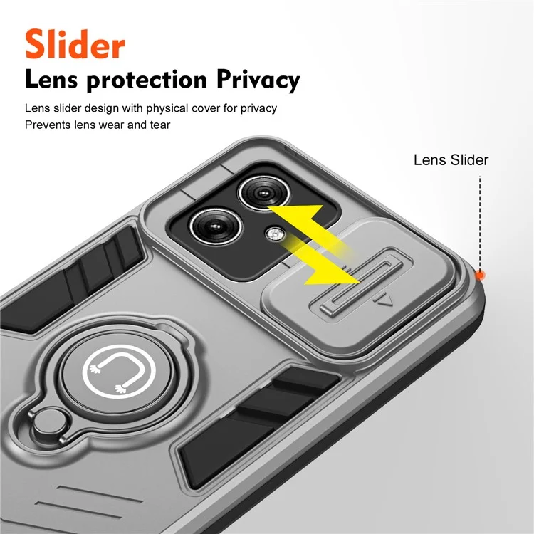 Per Motorola Moto G54 5G Case PC+TPU Kickstand Phone Cover Slide Lens Shield - Grigio