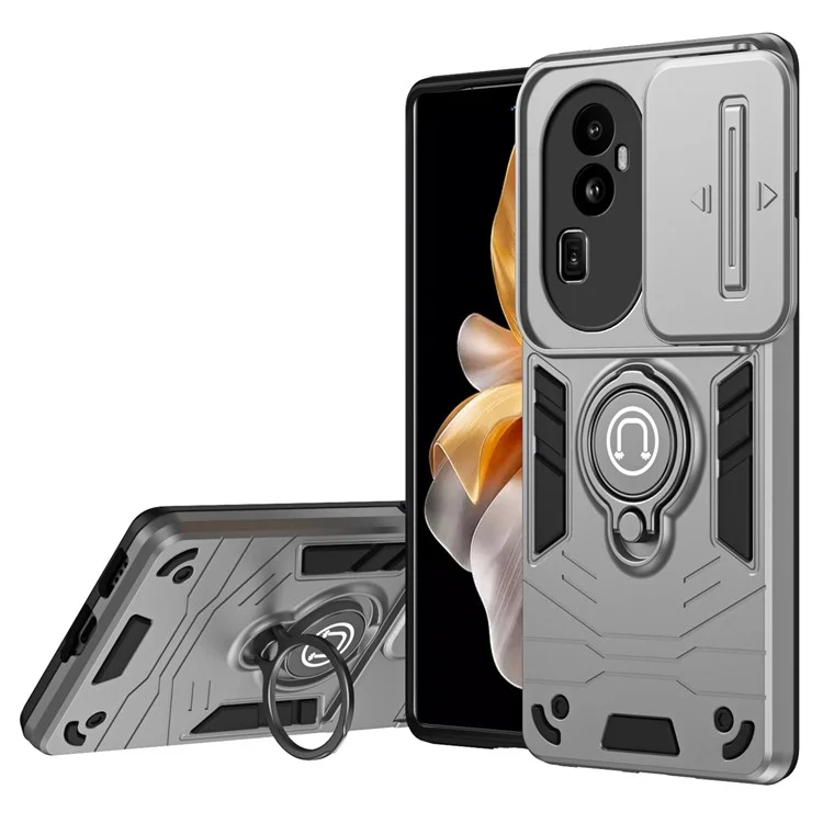 Für Oppo Reno10 Pro+ 5G Case Ring Kickstand Camshield PC+TPU Handyhülle - Grau
