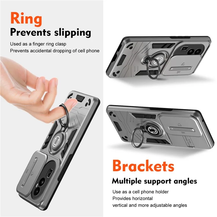 Für Oppo Reno10 Pro+ 5G Case Ring Kickstand Camshield PC+TPU Handyhülle - Grau