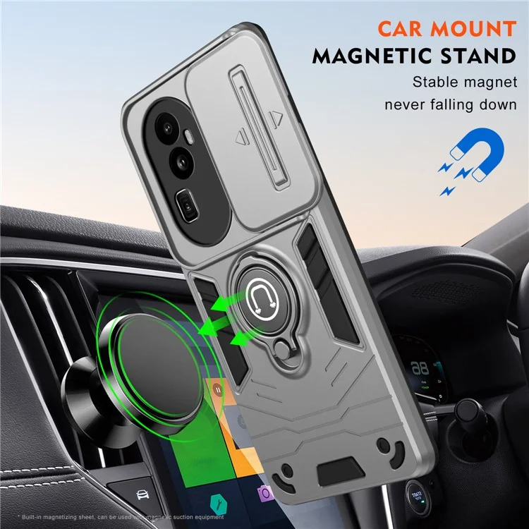 Für Oppo Reno10 Pro+ 5G Case Ring Kickstand Camshield PC+TPU Handyhülle - Grau