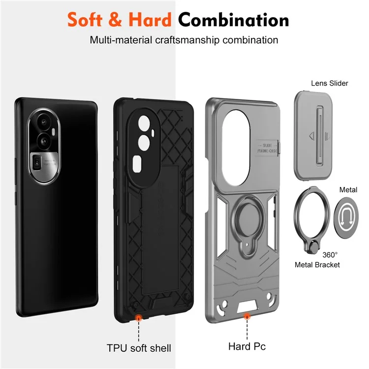 Für Oppo Reno10 Pro+ 5G Case Ring Kickstand Camshield PC+TPU Handyhülle - Grau
