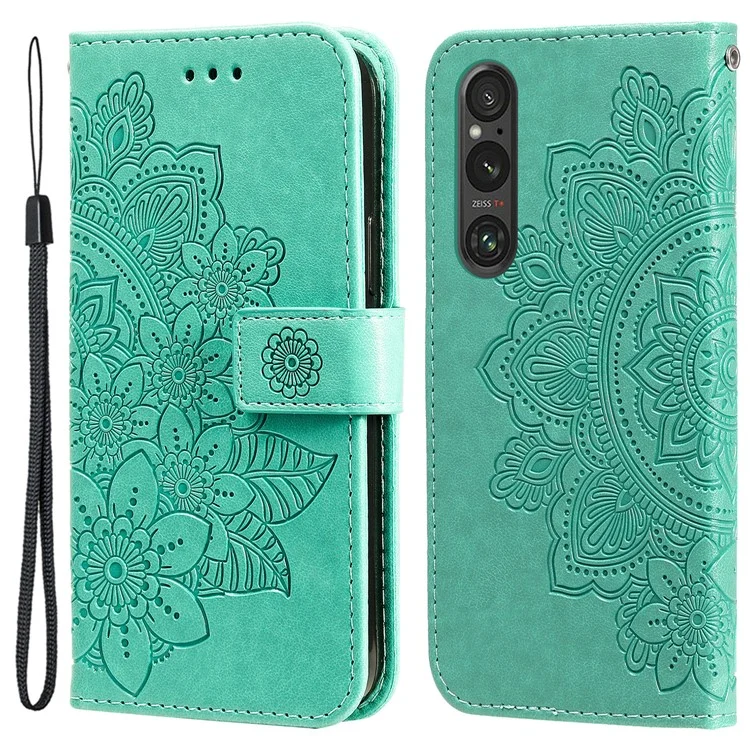 For Sony Xperia 1 V Case Floral Pattern PU Leather Wallet Stand Phone Cover - Green