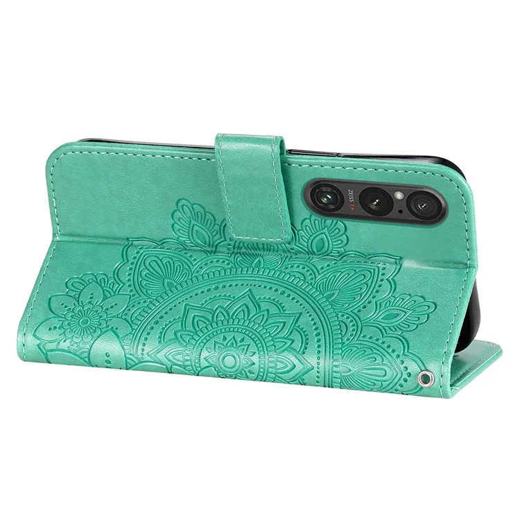 For Sony Xperia 1 V Case Floral Pattern PU Leather Wallet Stand Phone Cover - Green