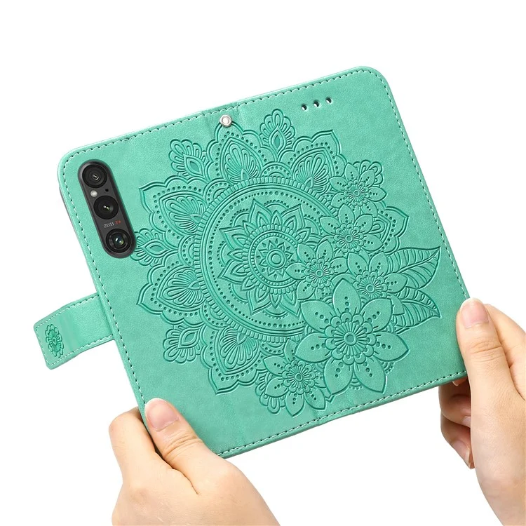 For Sony Xperia 1 V Case Floral Pattern PU Leather Wallet Stand Phone Cover - Green
