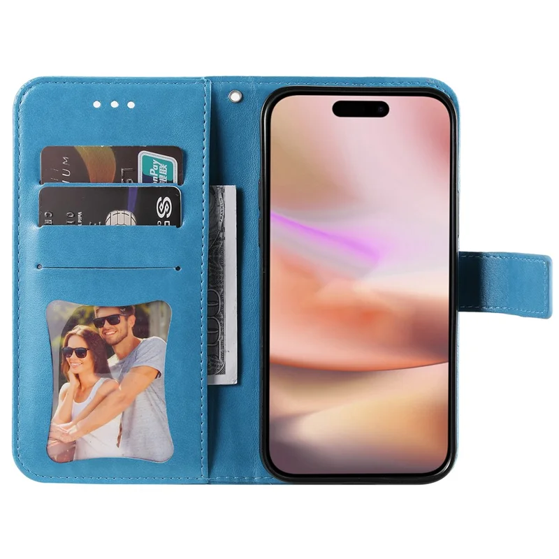 For iPhone 16 Plus Case Floral Pattern PU Leather Wallet Stand Phone Cover - Blue