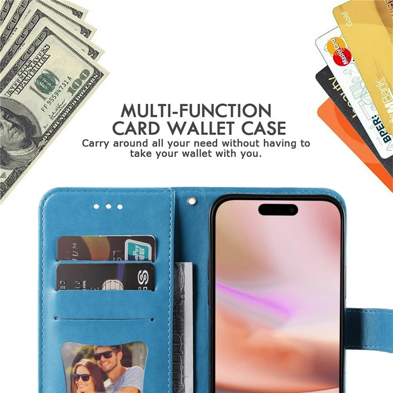 For iPhone 16 Plus Case Floral Pattern PU Leather Wallet Stand Phone Cover - Blue