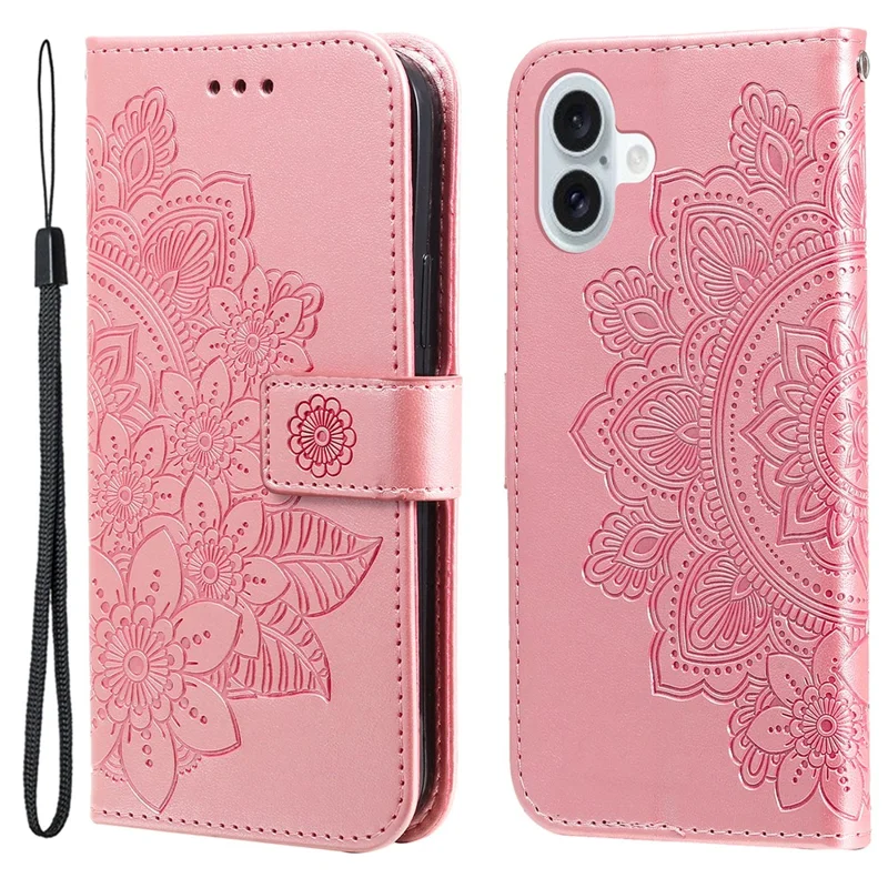 For iPhone 16 Plus Case Floral Pattern PU Leather Wallet Stand Phone Cover - Pink
