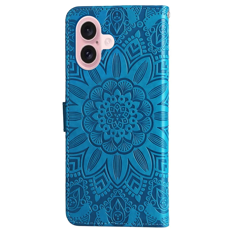 Funda con Soporte de Cuero de PU para iPhone 16, Diseño de Girasol, Tarjetero - Azul