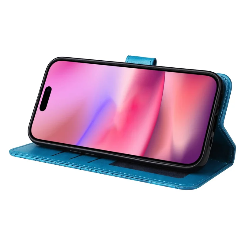 Funda con Soporte de Cuero de PU para iPhone 16, Diseño de Girasol, Tarjetero - Azul