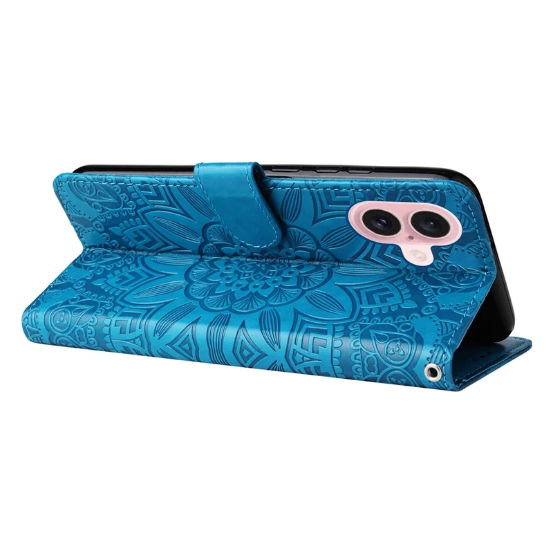 Funda con Soporte de Cuero de PU para iPhone 16, Diseño de Girasol, Tarjetero - Azul