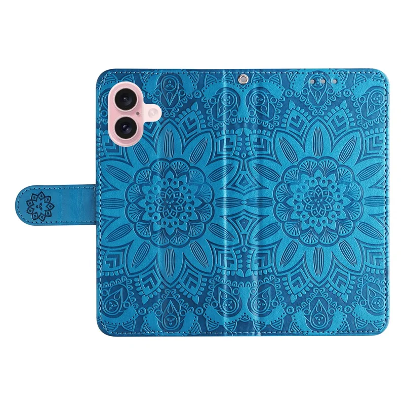 Funda con Soporte de Cuero de PU para iPhone 16, Diseño de Girasol, Tarjetero - Azul