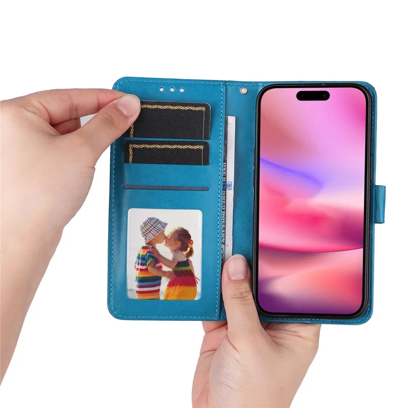 Funda con Soporte de Cuero de PU para iPhone 16, Diseño de Girasol, Tarjetero - Azul