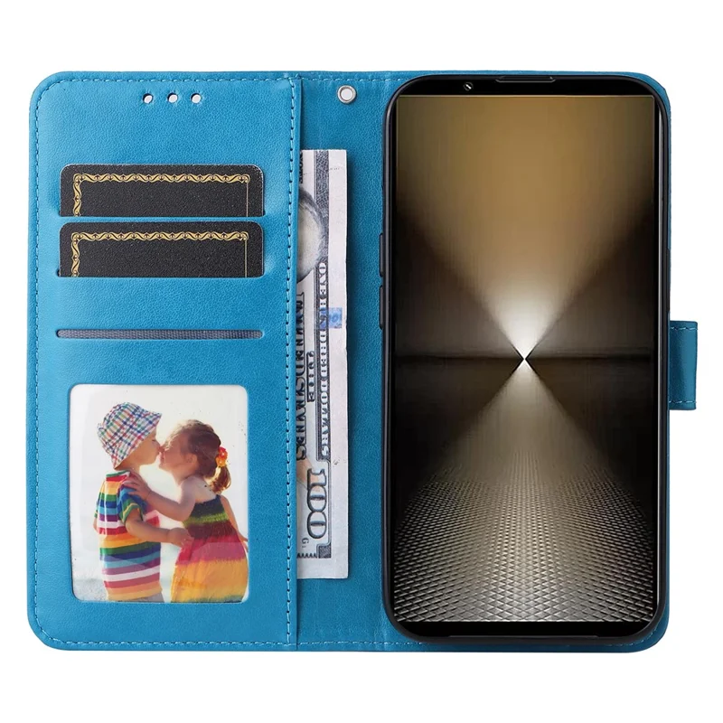 For Sony Xperia 1 VI Shockproof Phone Cover Wallet Stand PU Leather Phone Case with Imprinted Sunflower - Blue