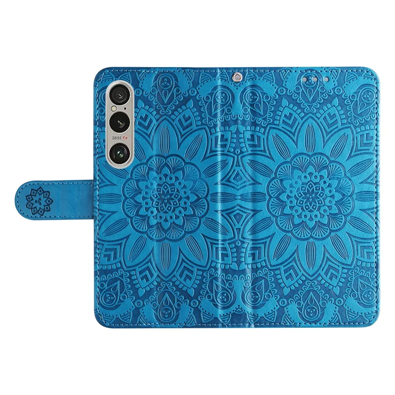 For Sony Xperia 1 VI Shockproof Phone Cover Wallet Stand PU Leather Phone Case with Imprinted Sunflower - Blue
