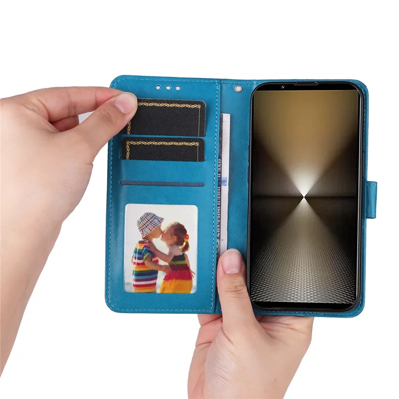 For Sony Xperia 1 VI Shockproof Phone Cover Wallet Stand PU Leather Phone Case with Imprinted Sunflower - Blue