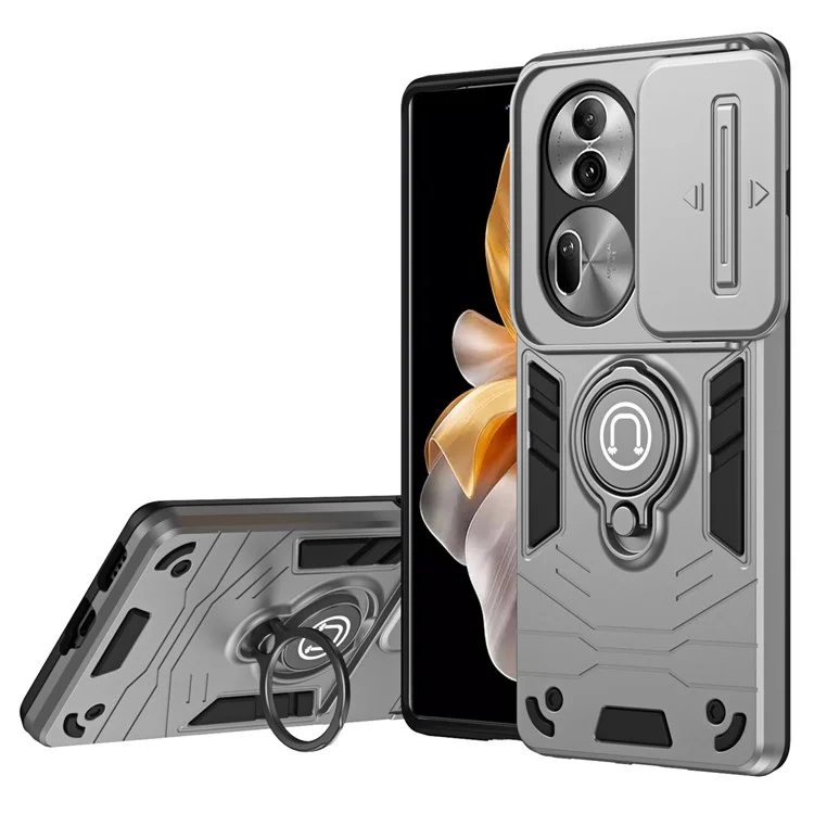 Para Oppo Reno11 Pro 5G (Global) Funda con Soporte, Tapa para Lente, Cubierta de Teléfono PC+TPU - Gris