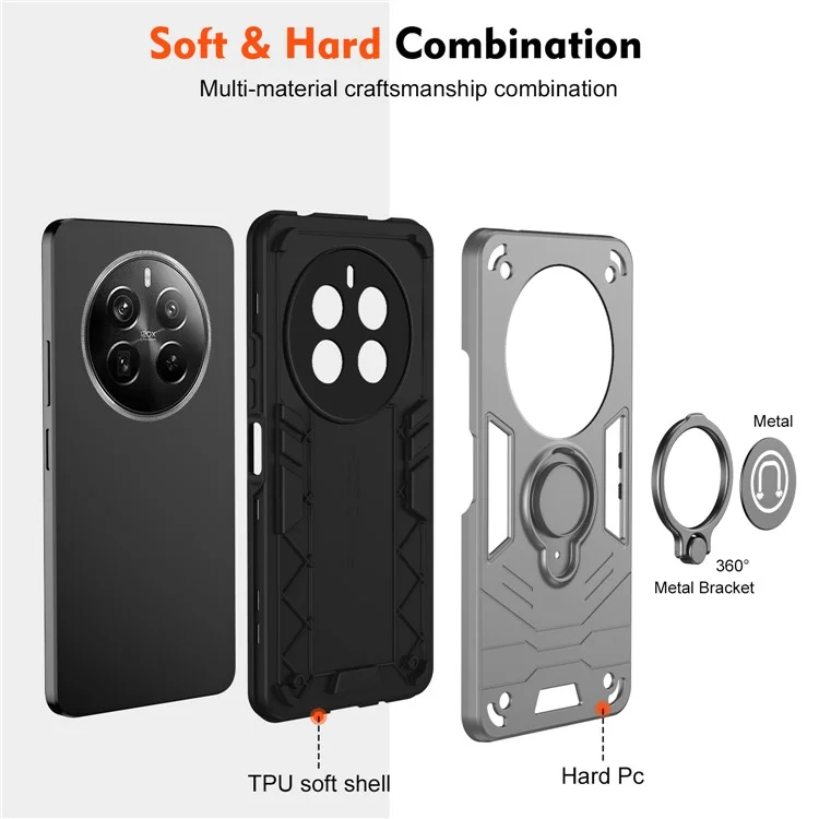 For Realme 12 Pro 5G / 12 Pro+ 5G Case PC+TPU Phone Cover with Ring Kickstand - Grey