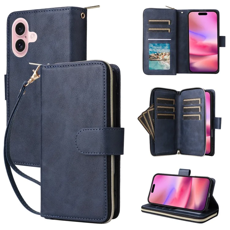 Para iPhone 16 Case 9 Card Slots PU Leather Zipper Wallet Phone Cover - Blue