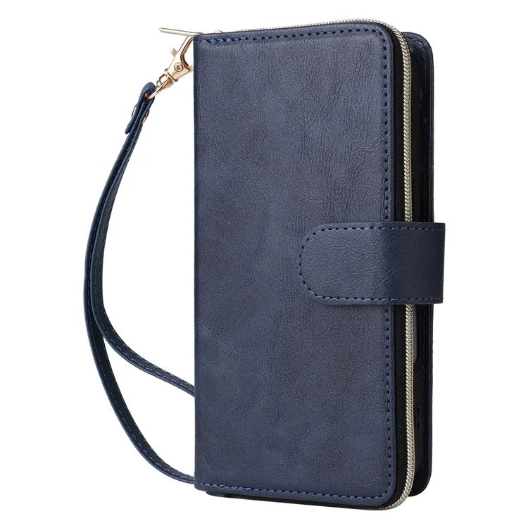 Para iPhone 16 Case 9 Card Slots PU Leather Zipper Wallet Phone Cover - Blue