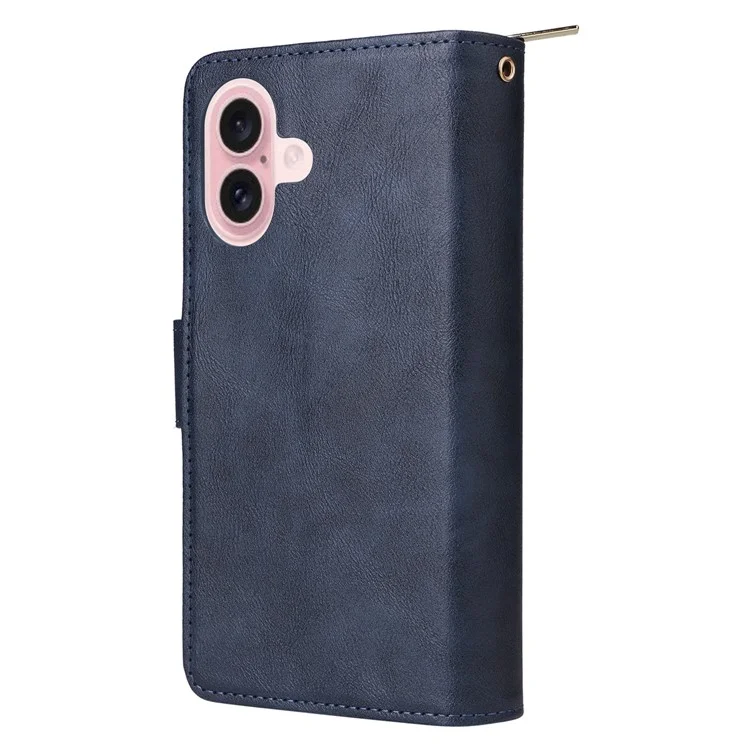 Para iPhone 16 Case 9 Card Slots PU Leather Zipper Wallet Phone Cover - Blue