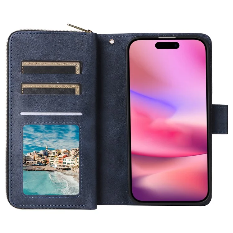 Para iPhone 16 Case 9 Card Slots PU Leather Zipper Wallet Phone Cover - Blue
