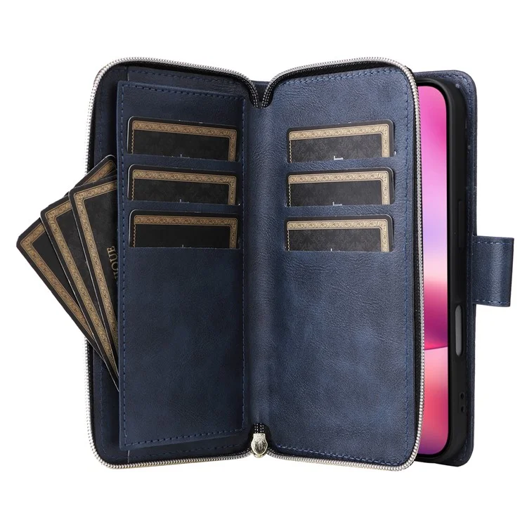 Para iPhone 16 Case 9 Card Slots PU Leather Zipper Wallet Phone Cover - Blue
