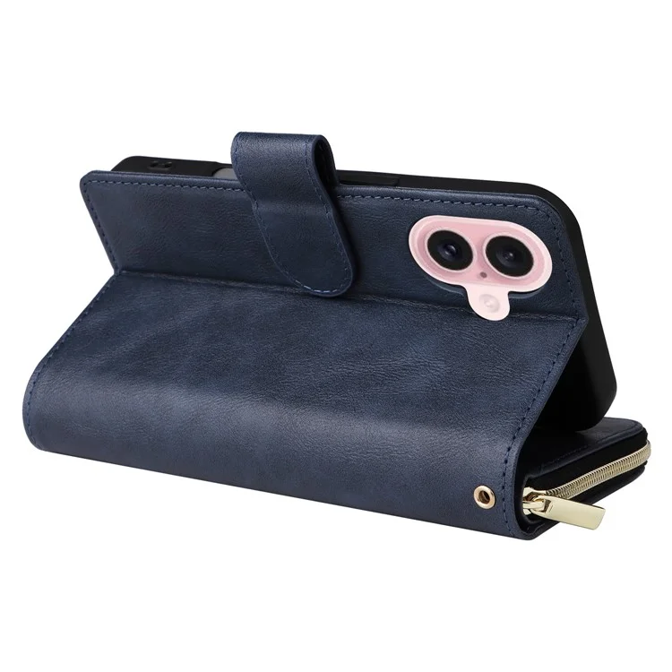Para iPhone 16 Case 9 Card Slots PU Leather Zipper Wallet Phone Cover - Blue