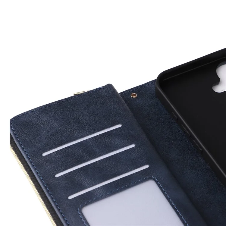 Para iPhone 16 Case 9 Card Slots PU Leather Zipper Wallet Phone Cover - Blue