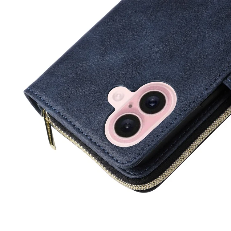 Para iPhone 16 Case 9 Card Slots PU Leather Zipper Wallet Phone Cover - Blue