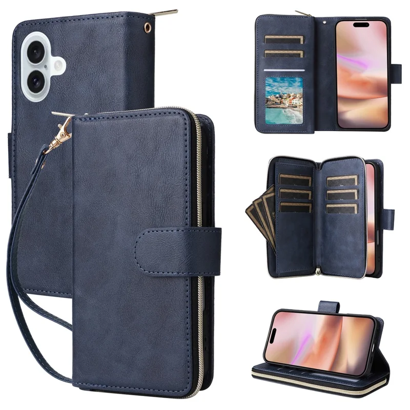 For iPhone 16 Plus Case PU Leather Phone Cover 9 Card Slots Zipper Pocket Hand Strap - Blue