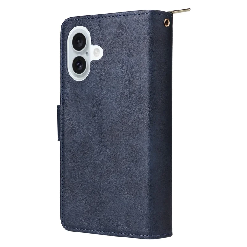 For iPhone 16 Plus Case PU Leather Phone Cover 9 Card Slots Zipper Pocket Hand Strap - Blue