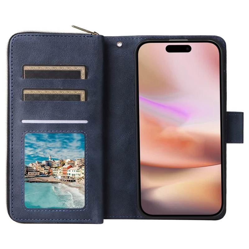 For iPhone 16 Plus Case PU Leather Phone Cover 9 Card Slots Zipper Pocket Hand Strap - Blue
