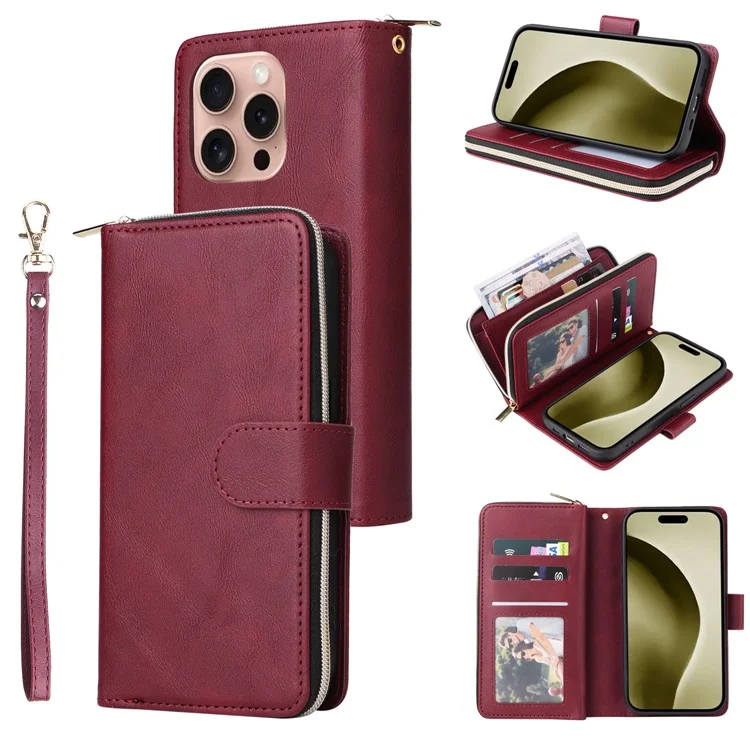 For iPhone 16 Pro Funda de Cuero PU con Cremallera Funda de Teléfono con 9 Ranuras para Tarjetas - Rojo Vino