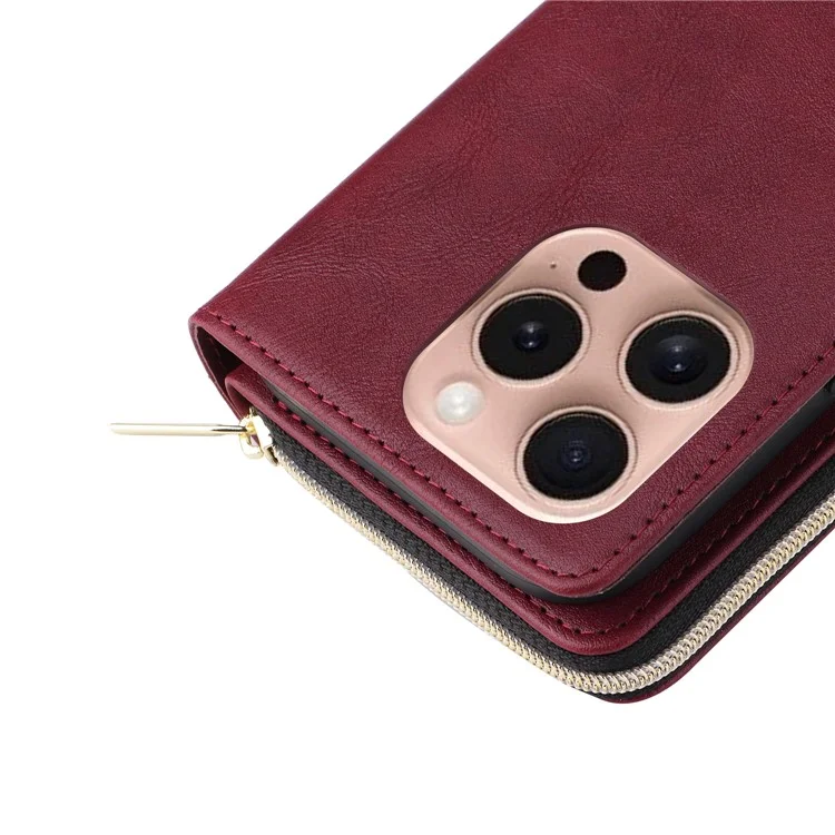 For iPhone 16 Pro Funda de Cuero PU con Cremallera Funda de Teléfono con 9 Ranuras para Tarjetas - Rojo Vino