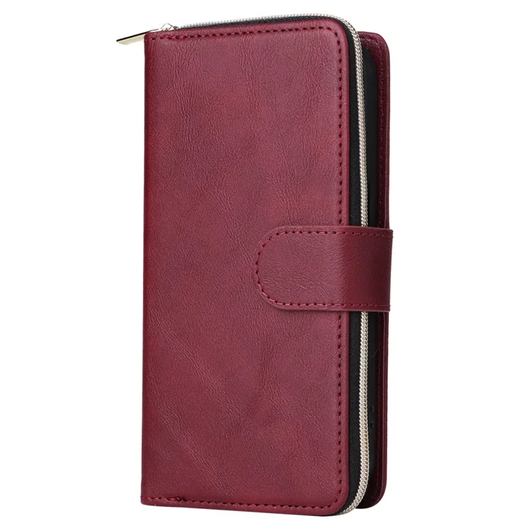 For iPhone 16 Pro Funda de Cuero PU con Cremallera Funda de Teléfono con 9 Ranuras para Tarjetas - Rojo Vino