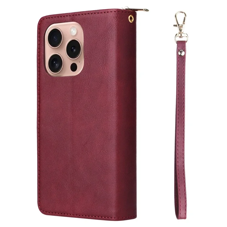 For iPhone 16 Pro Funda de Cuero PU con Cremallera Funda de Teléfono con 9 Ranuras para Tarjetas - Rojo Vino