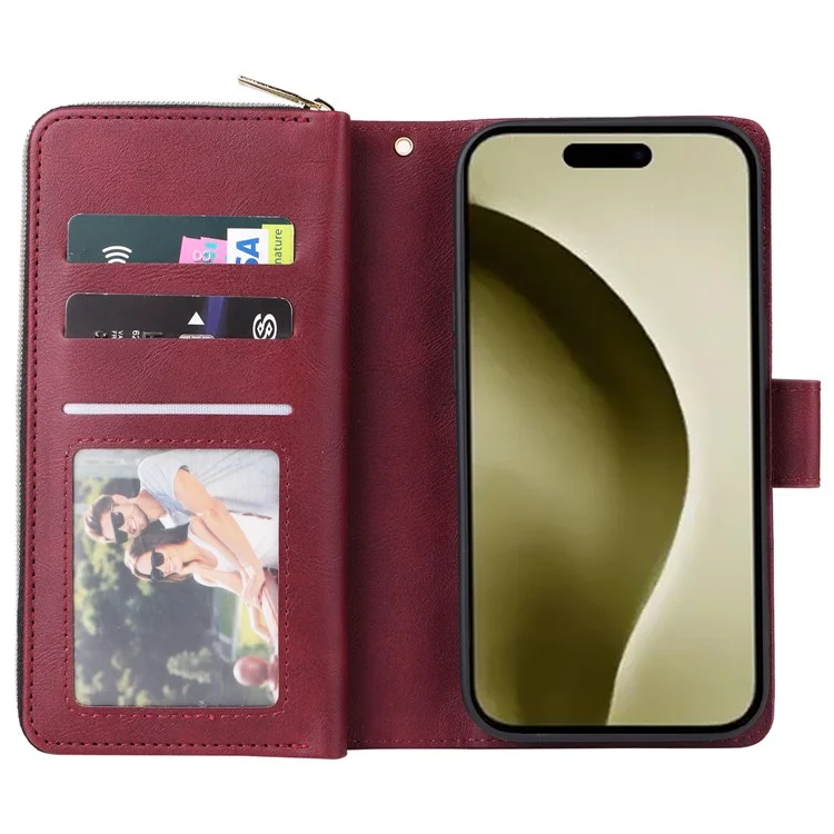 For iPhone 16 Pro Funda de Cuero PU con Cremallera Funda de Teléfono con 9 Ranuras para Tarjetas - Rojo Vino