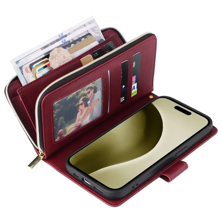 For iPhone 16 Pro Funda de Cuero PU con Cremallera Funda de Teléfono con 9 Ranuras para Tarjetas - Rojo Vino