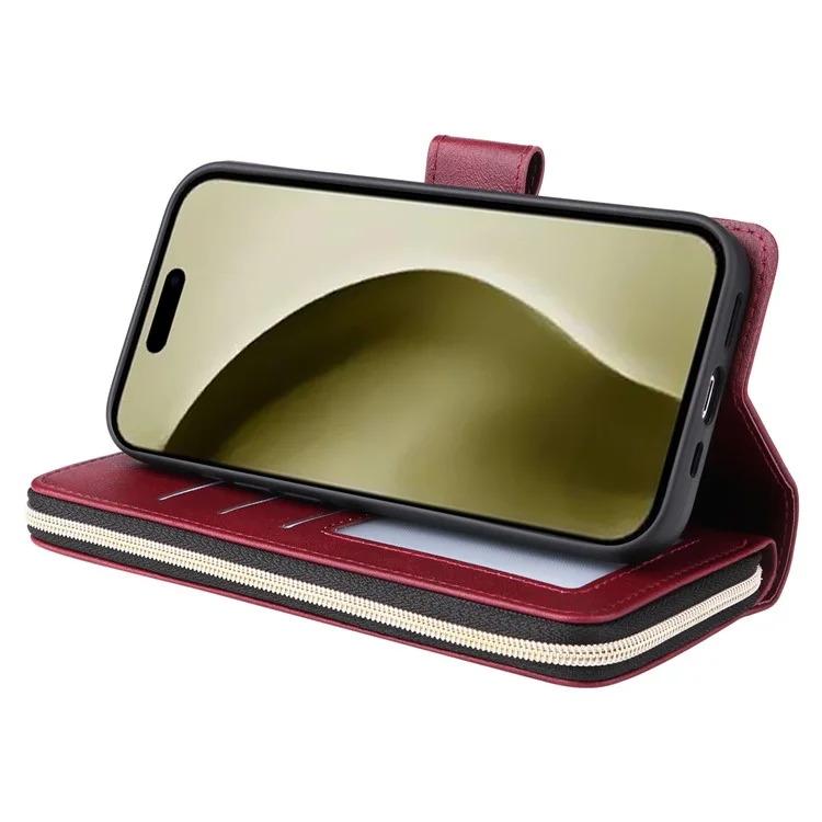 For iPhone 16 Pro Funda de Cuero PU con Cremallera Funda de Teléfono con 9 Ranuras para Tarjetas - Rojo Vino
