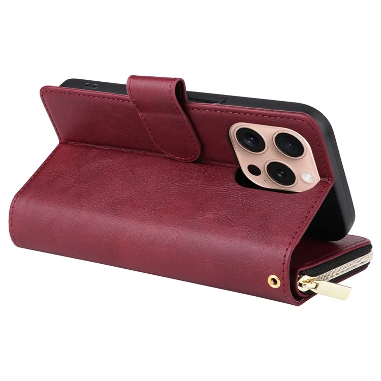 For iPhone 16 Pro Funda de Cuero PU con Cremallera Funda de Teléfono con 9 Ranuras para Tarjetas - Rojo Vino